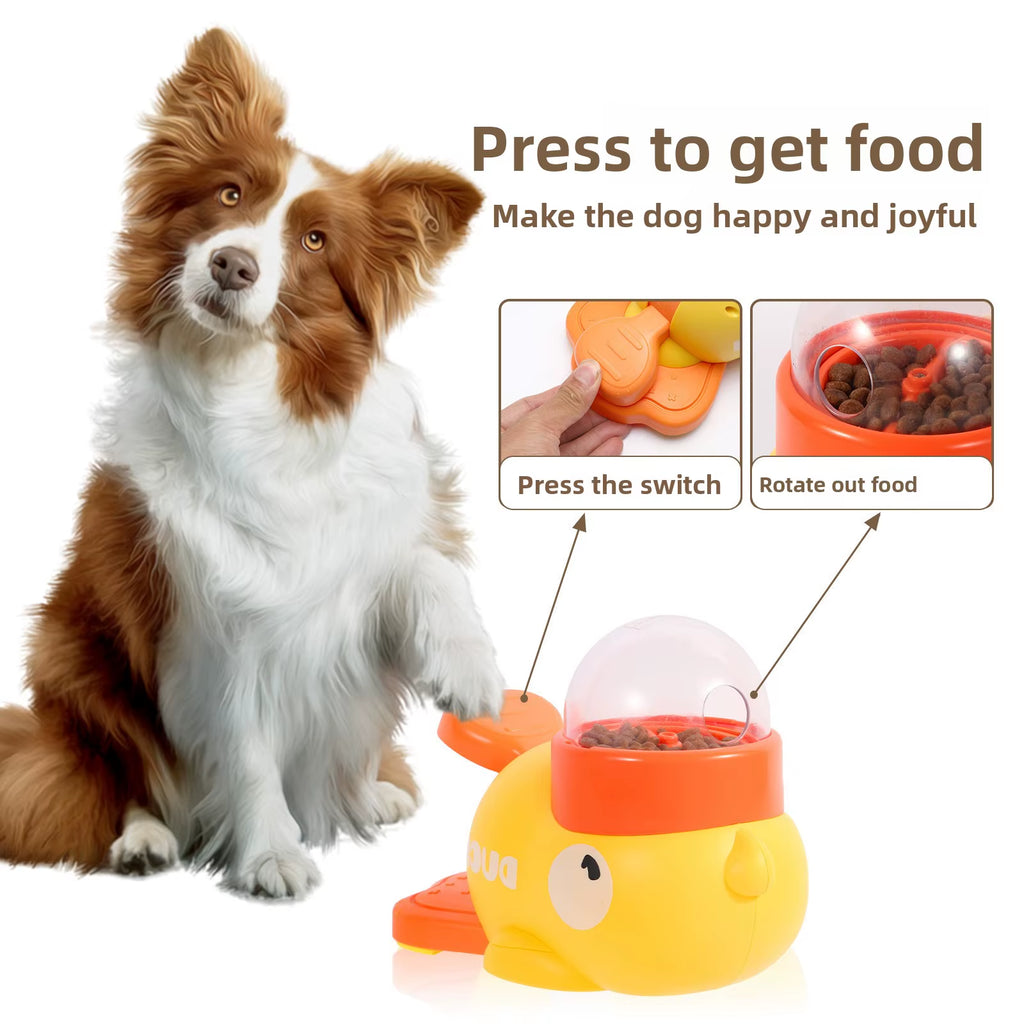 Small Yellow Duck Durable Plastic Pet Feeder & Chew Toy for Cats Dogs Interactive Automatic Trainer with 2-In-1 Bowls