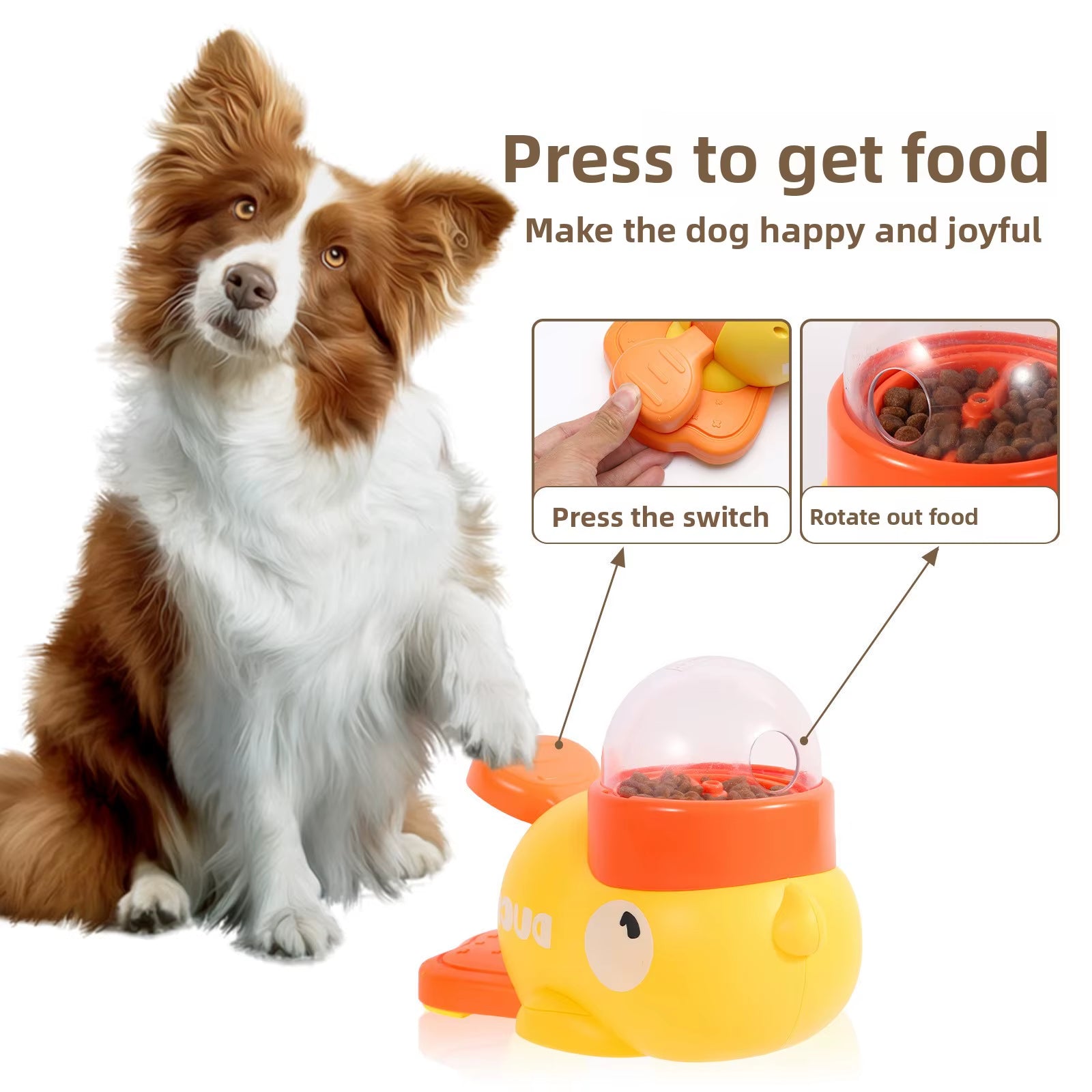 Small Yellow Duck Durable Plastic Pet Feeder & Chew Toy for Cats Dogs Interactive Automatic Trainer with 2-In-1 Bowls