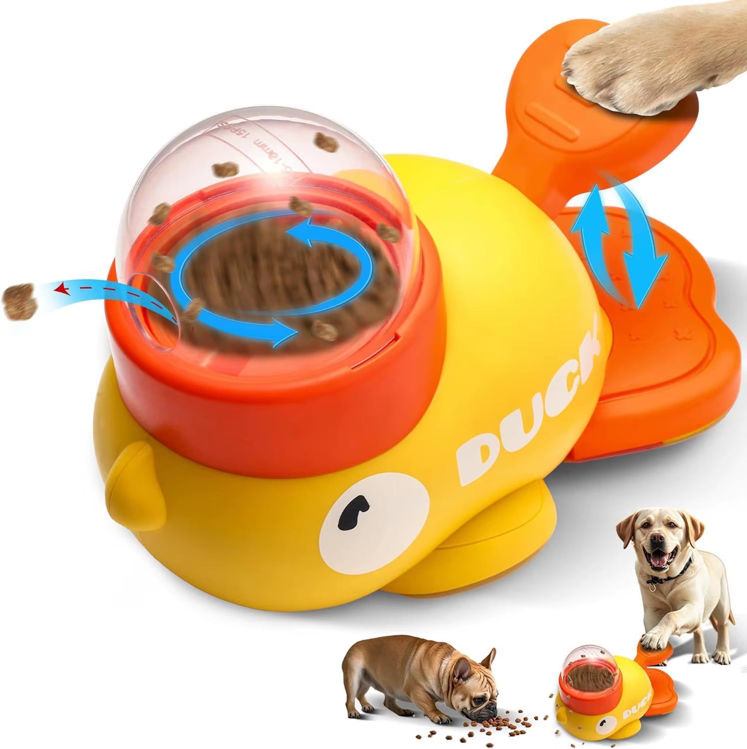 Small Yellow Duck Durable Plastic Pet Feeder & Chew Toy for Cats Dogs Interactive Automatic Trainer with 2-In-1 Bowls